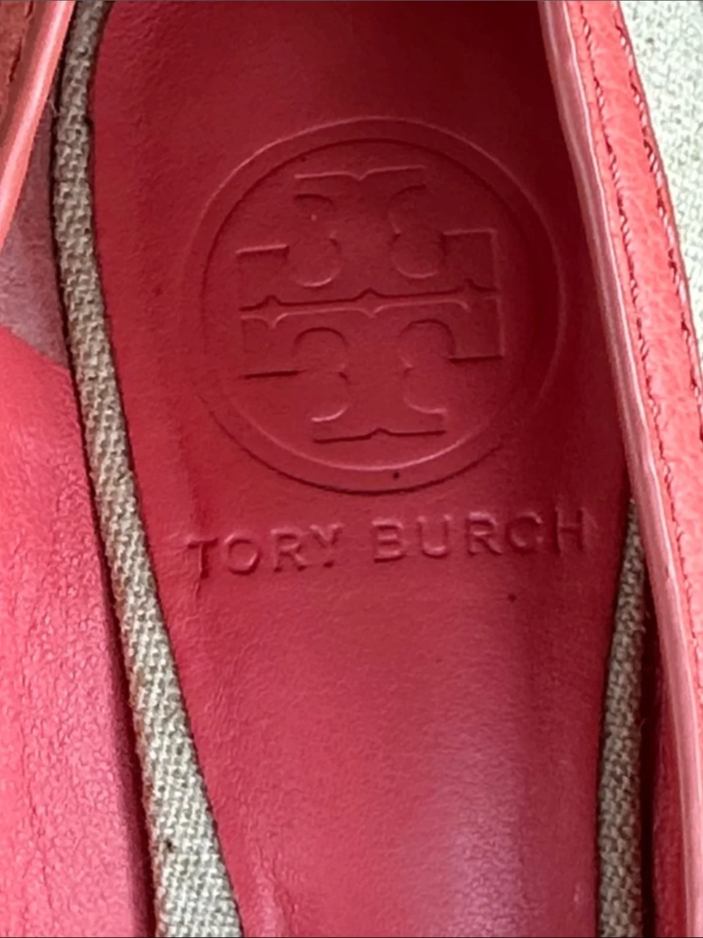 Tory Burch Coral-Trim Peep-Toe Wedges with Gold Logo
